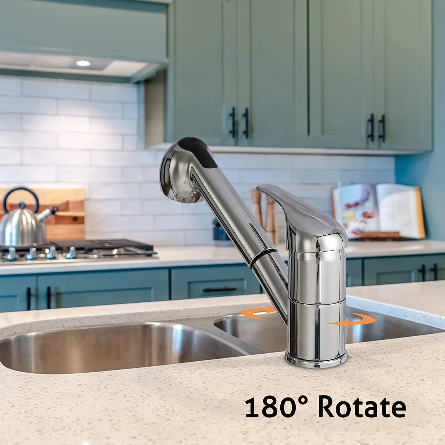 Pull Out Sprayer Single Hole Kitchen Sink Faucet, Single Handle Stainless Steel Tap for Bathroom Rv Wet Bar Sinks, Chrome