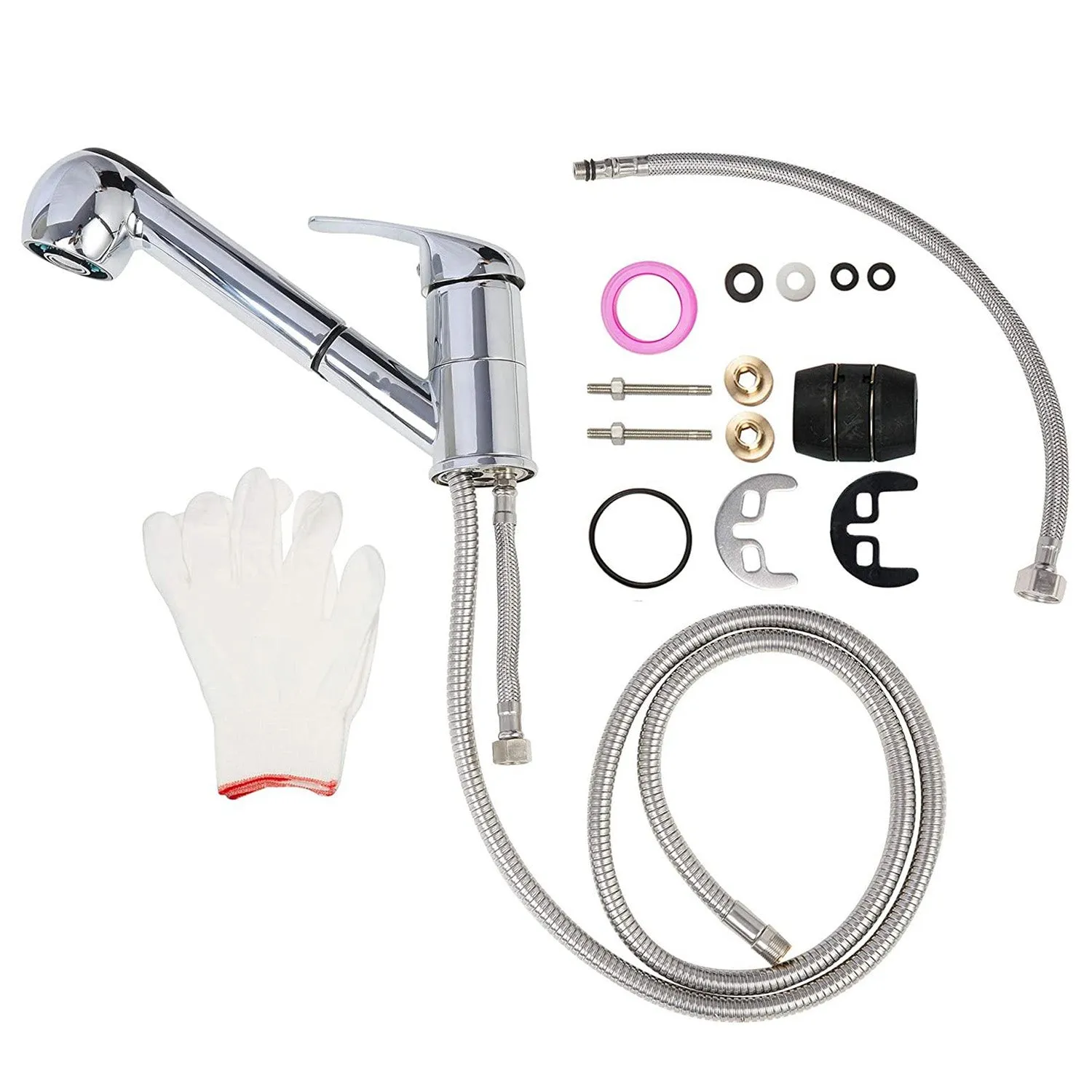 Pull Out Sprayer Single Hole Kitchen Sink Faucet, Single Handle Stainless Steel Tap for Bathroom Rv Wet Bar Sinks, Chrome