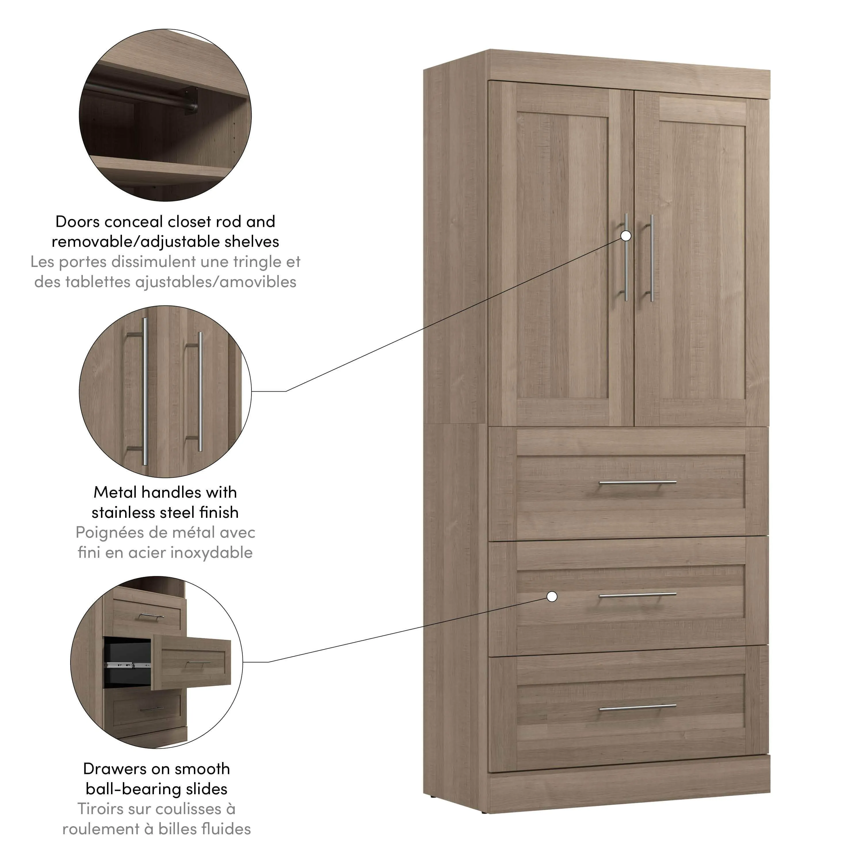 Pur 36W Wardrobe with 3 Drawers - Available in 5 Colours