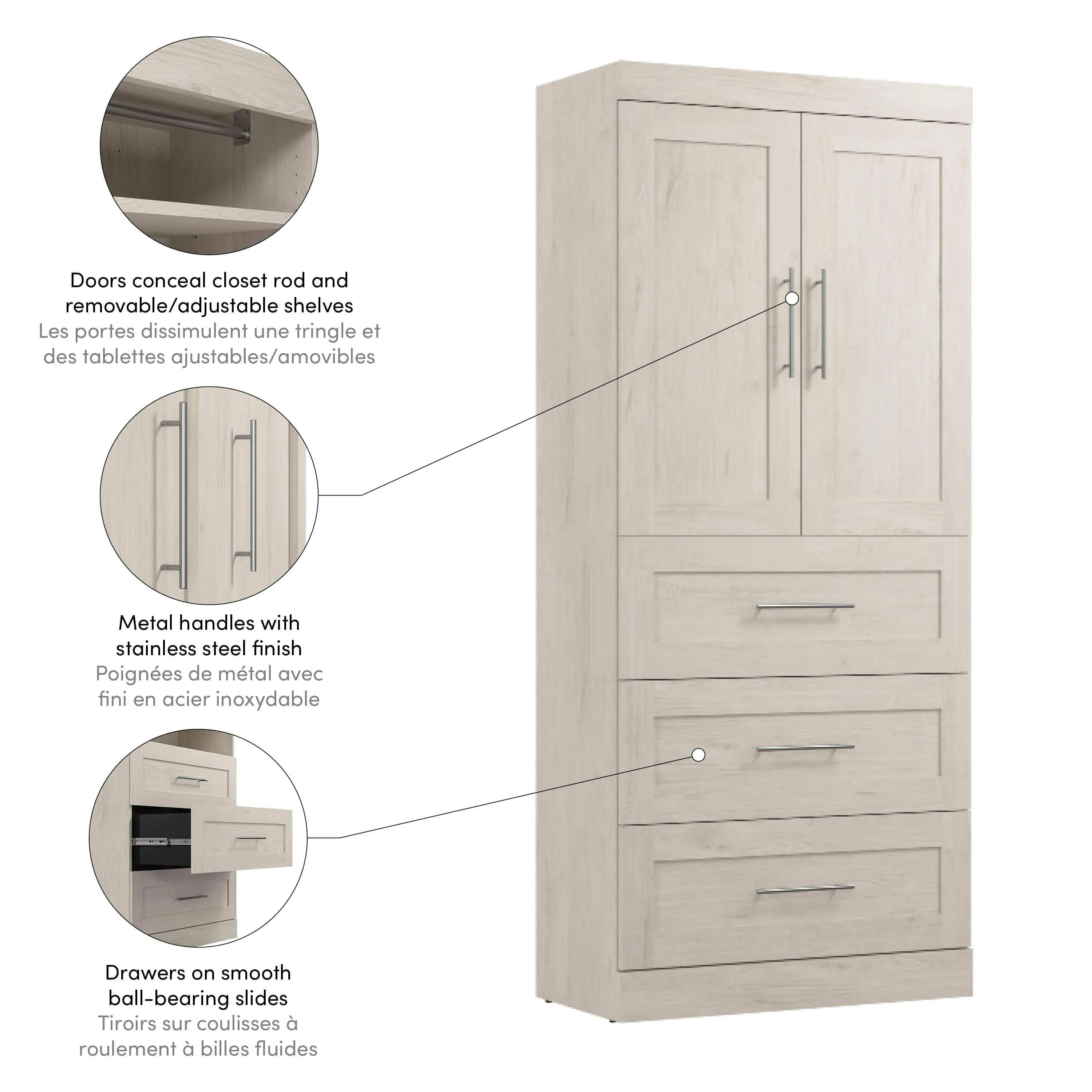 Pur 36W Wardrobe with 3 Drawers - Available in 5 Colours