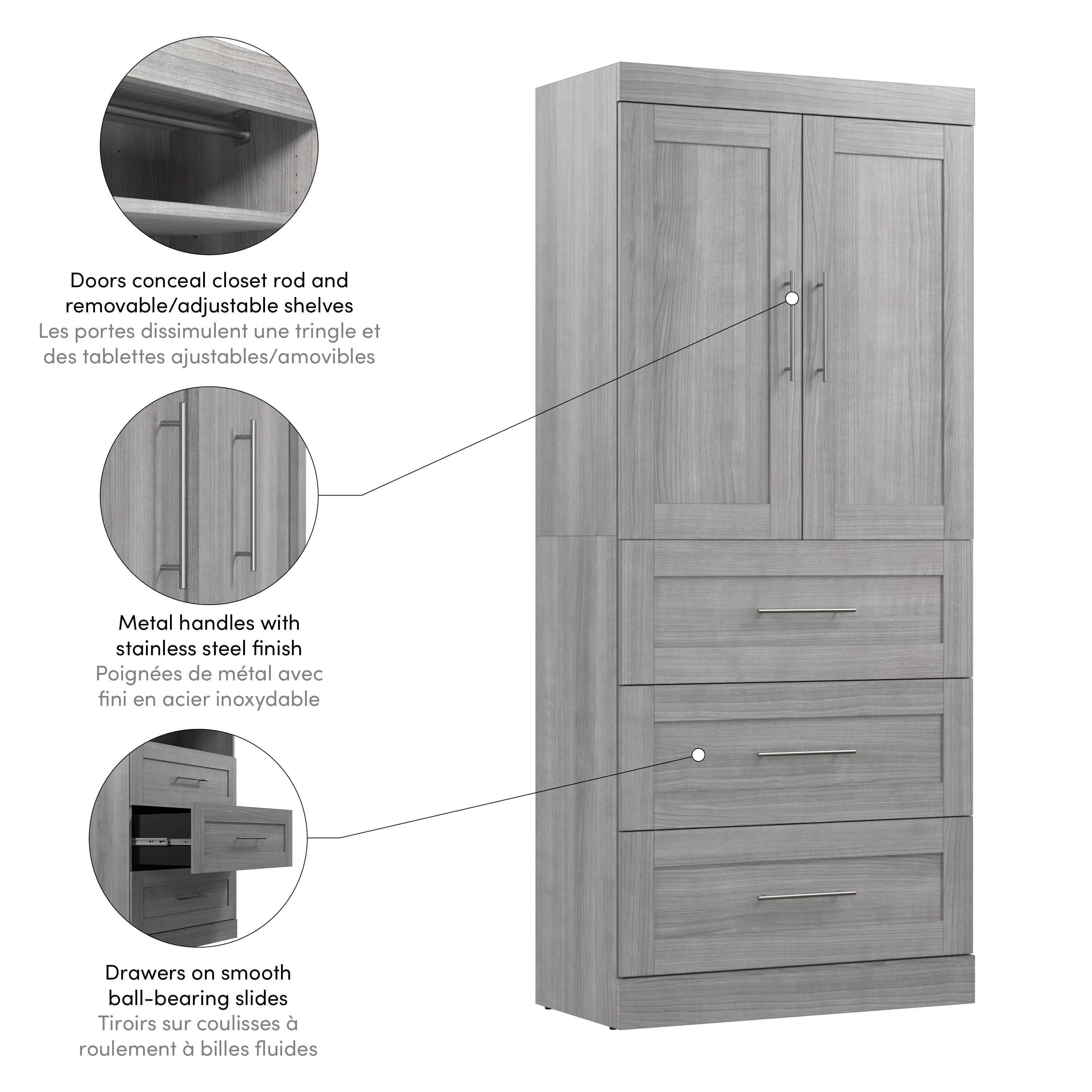 Pur 36W Wardrobe with 3 Drawers - Available in 5 Colours