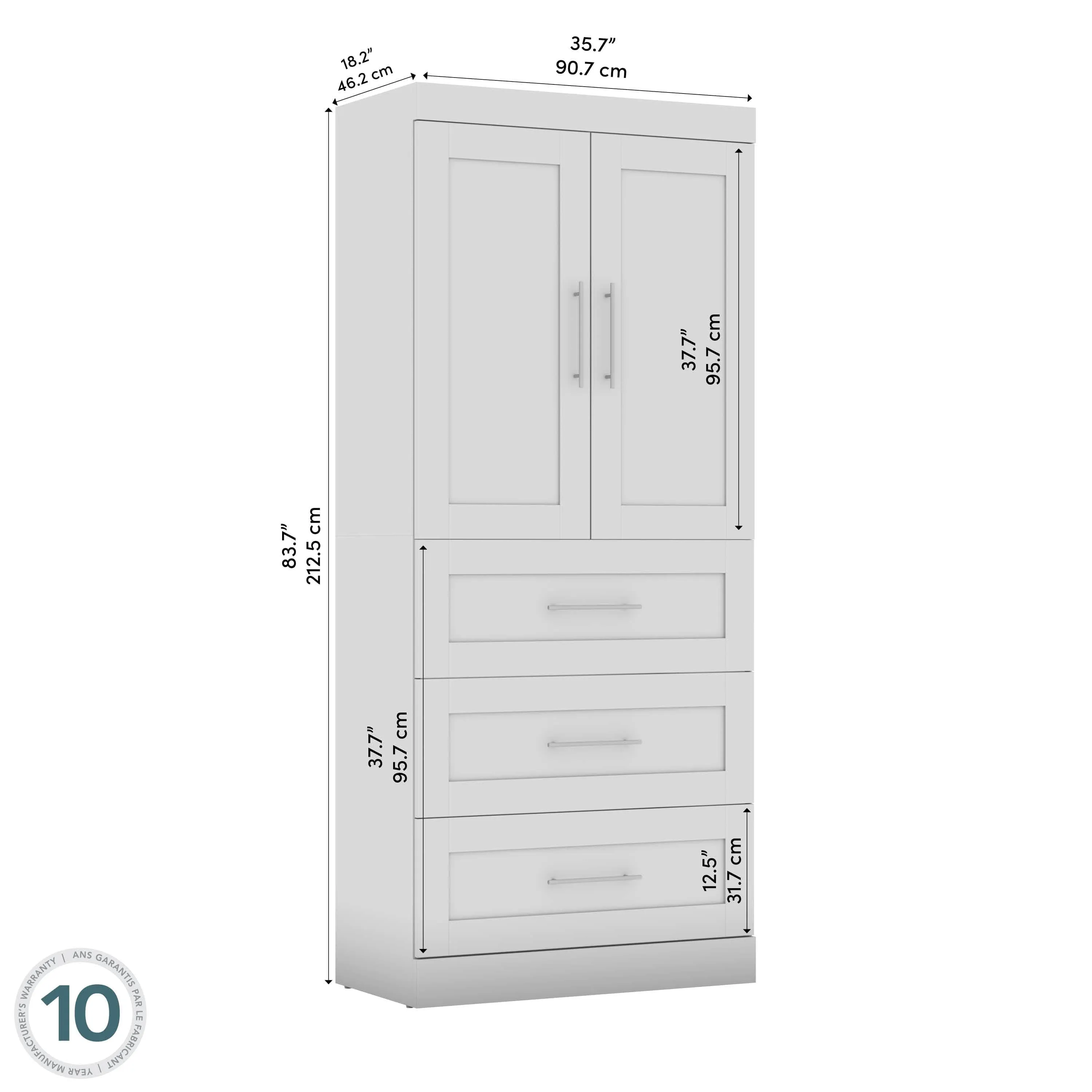 Pur 36W Wardrobe with 3 Drawers - Available in 5 Colours