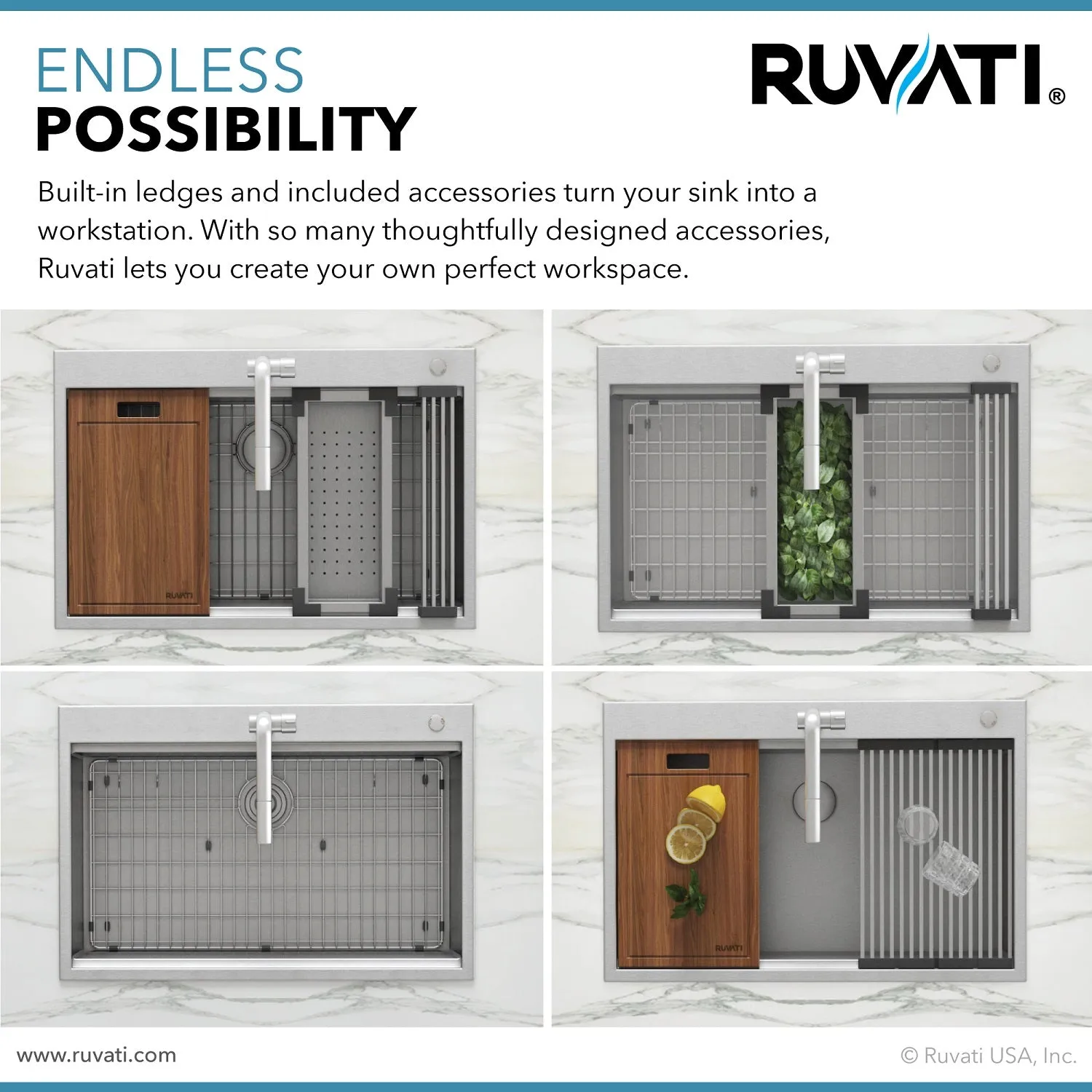 Ruvati 25 x 22 inch Workstation Drop-in Tight Radius Topmount 16 Gauge Stainless Steel Ledge Kitchen Sink Single Bowl
