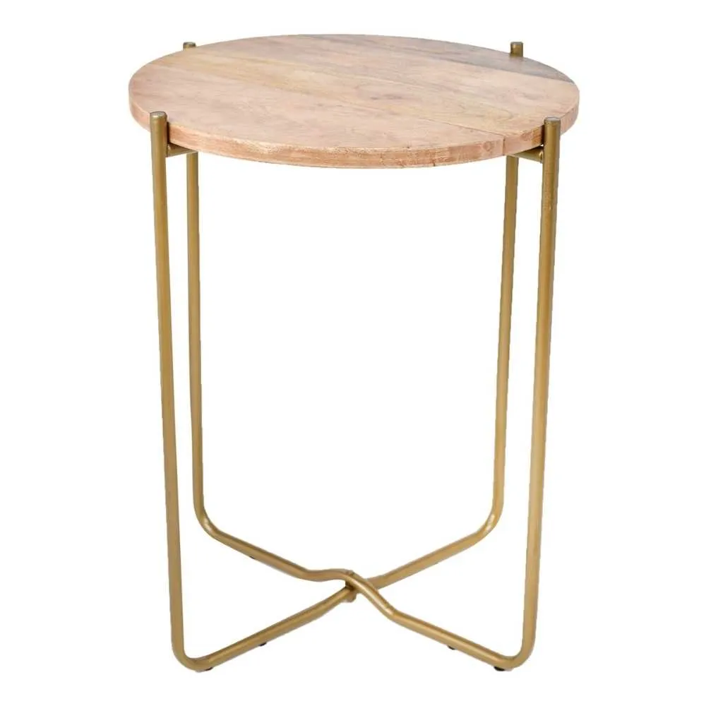 Side Table | Round Wooden Top & Antique Brass Finish Stand | Modern Accent