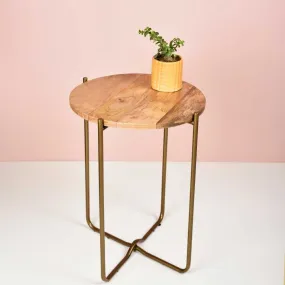 Side Table | Round Wooden Top & Antique Brass Finish Stand | Modern Accent