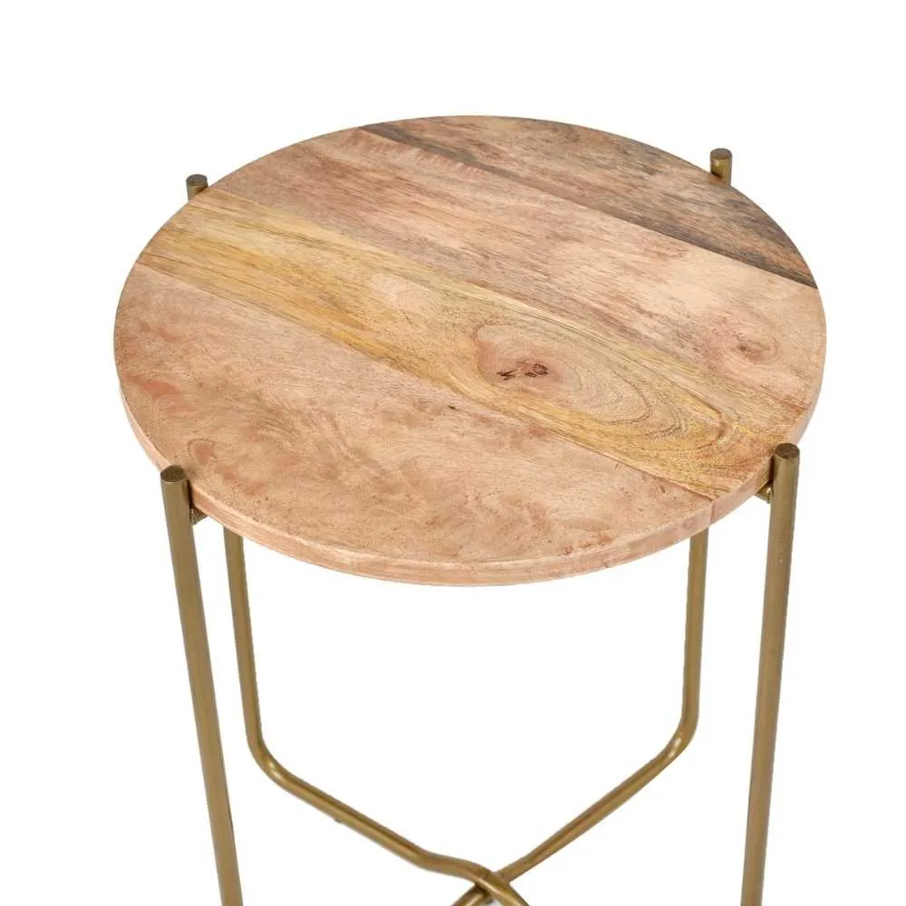Side Table | Round Wooden Top & Antique Brass Finish Stand | Modern Accent