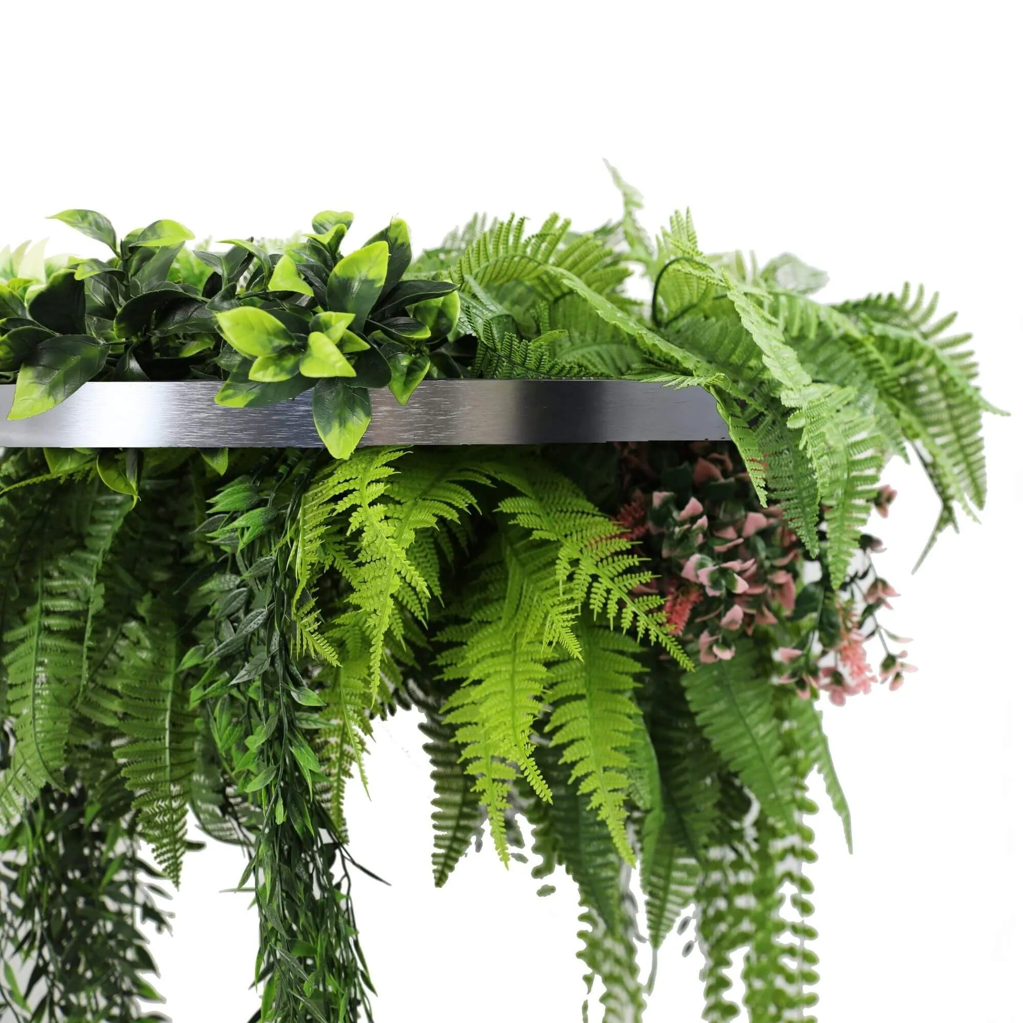 Silver Framed Roof Hanging Disc with Draping Life-Like Plants UV Resistant 60cm