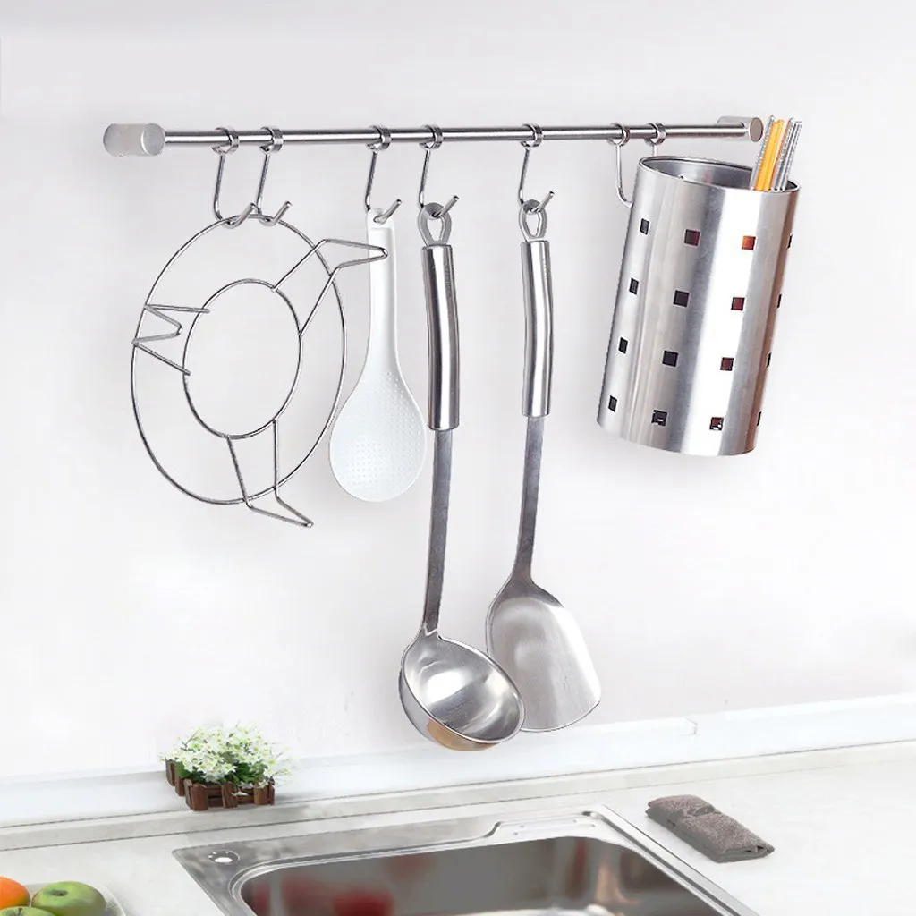 Sumnacon Pot Pan Rack with 7 Hooks, Solid Stainless Steel Rail Kitchen Cookware Utensil Pot Rack Hooks Hanger, 15 Inch Wall Mounted Heavy Duty Kitchenware Lid Towels Storage Organizer, Easy Install