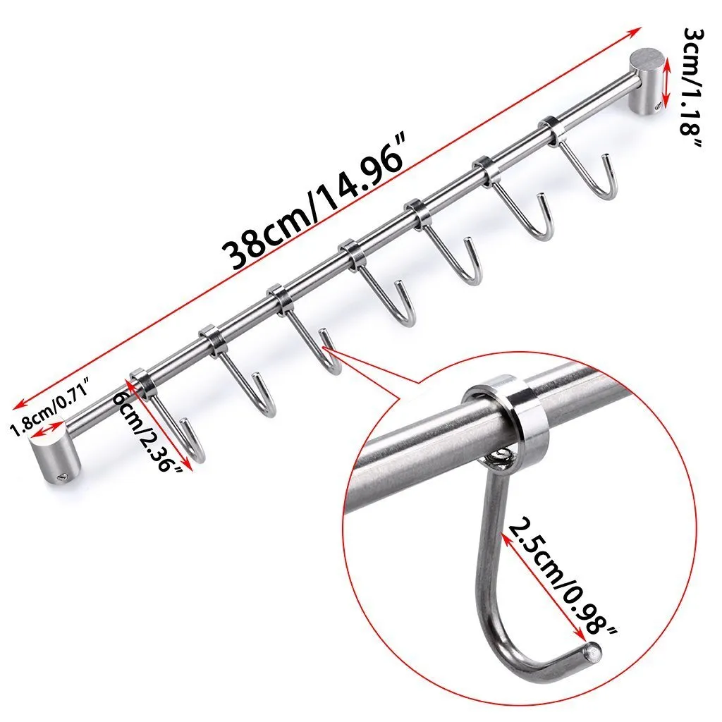 Sumnacon Pot Pan Rack with 7 Hooks, Solid Stainless Steel Rail Kitchen Cookware Utensil Pot Rack Hooks Hanger, 15 Inch Wall Mounted Heavy Duty Kitchenware Lid Towels Storage Organizer, Easy Install