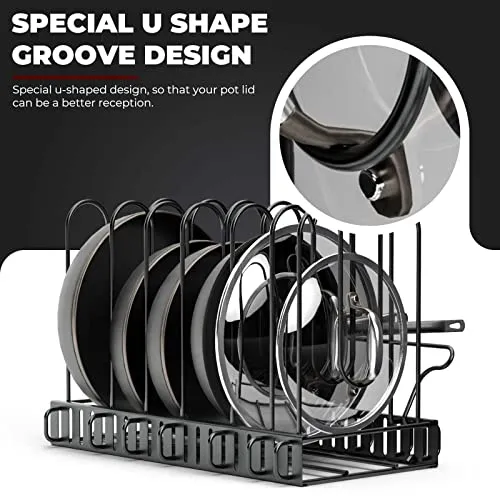 Vdomus Pan Organizer Black Metal Rack Pot Lid Holder 7 Dividers Handle Bracket