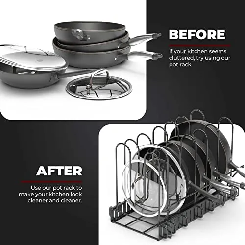 Vdomus Pan Organizer Black Metal Rack Pot Lid Holder 7 Dividers Handle Bracket