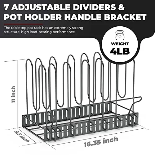 Vdomus Pan Organizer Black Metal Rack Pot Lid Holder 7 Dividers Handle Bracket